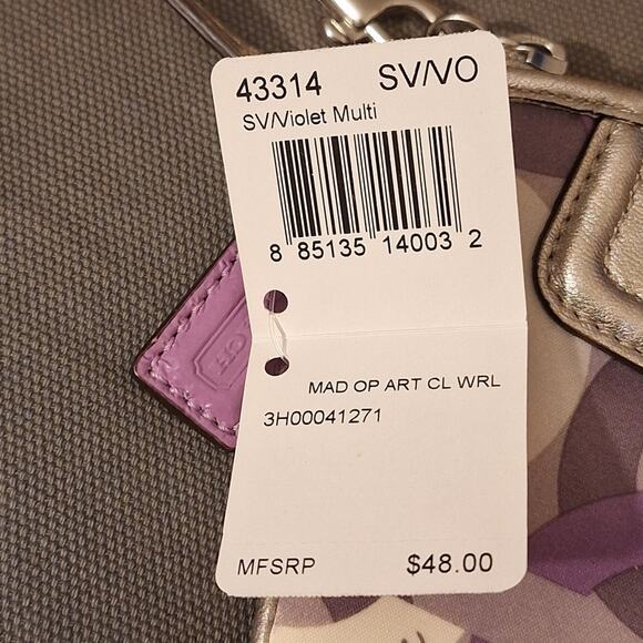 NWT Coach OP Art Wristlet Clutch Purple Silver Fabric Leather Logo Classic Retro - Picture 4 of 9